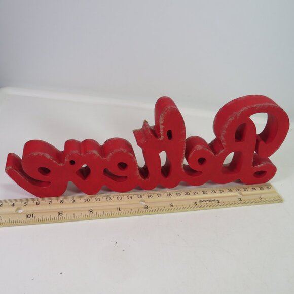 BELIEVE red wood shelf sitter w champagne gold accent 10 1/2" long - Picture 4 of 7